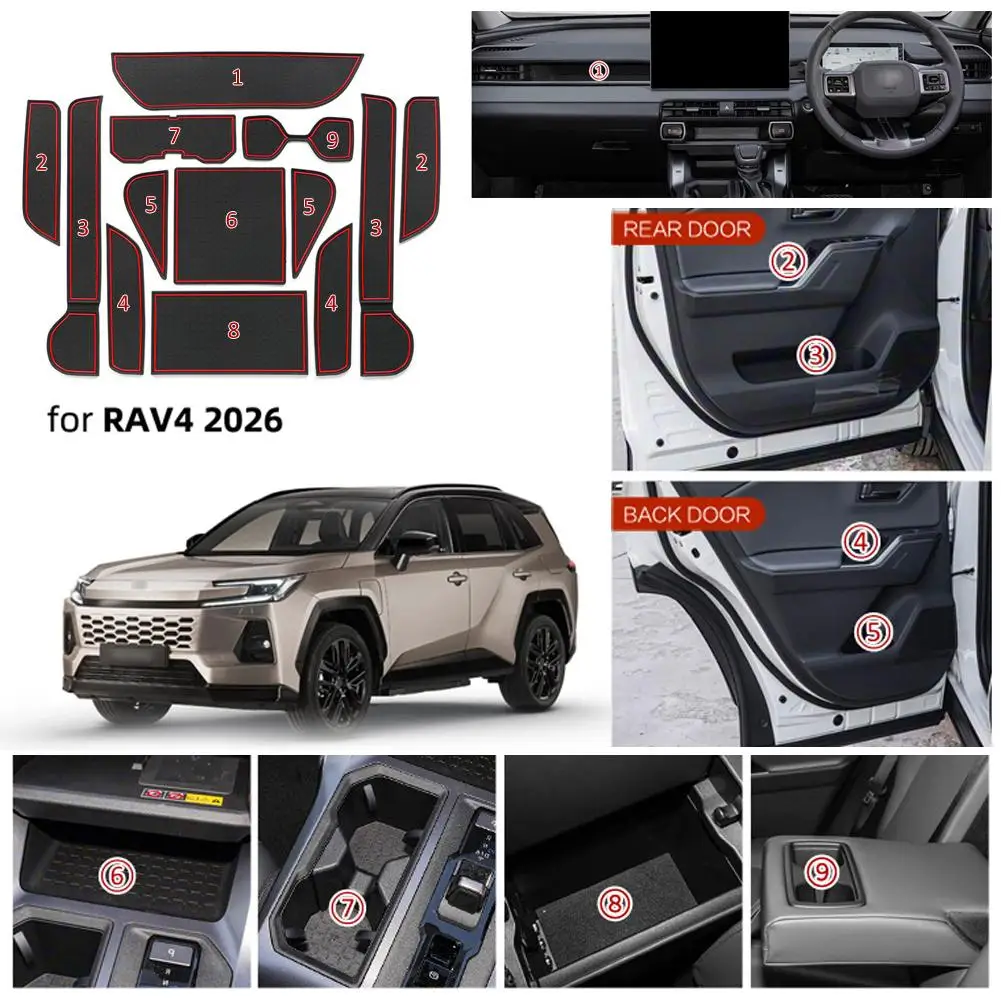 13Pcs Anti-Slip Interior Gate Slot Pads for Toyota RAV4 2026 Center Console Silicone Mats Non-Slip Mat Accessories