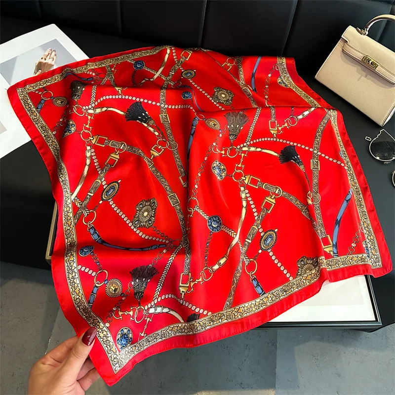 Luxury Chain Print Small Square Scarf Simulated Silk Thin Neck Scarf Fashion Sunscreen Headscarf For Women 70x70cm