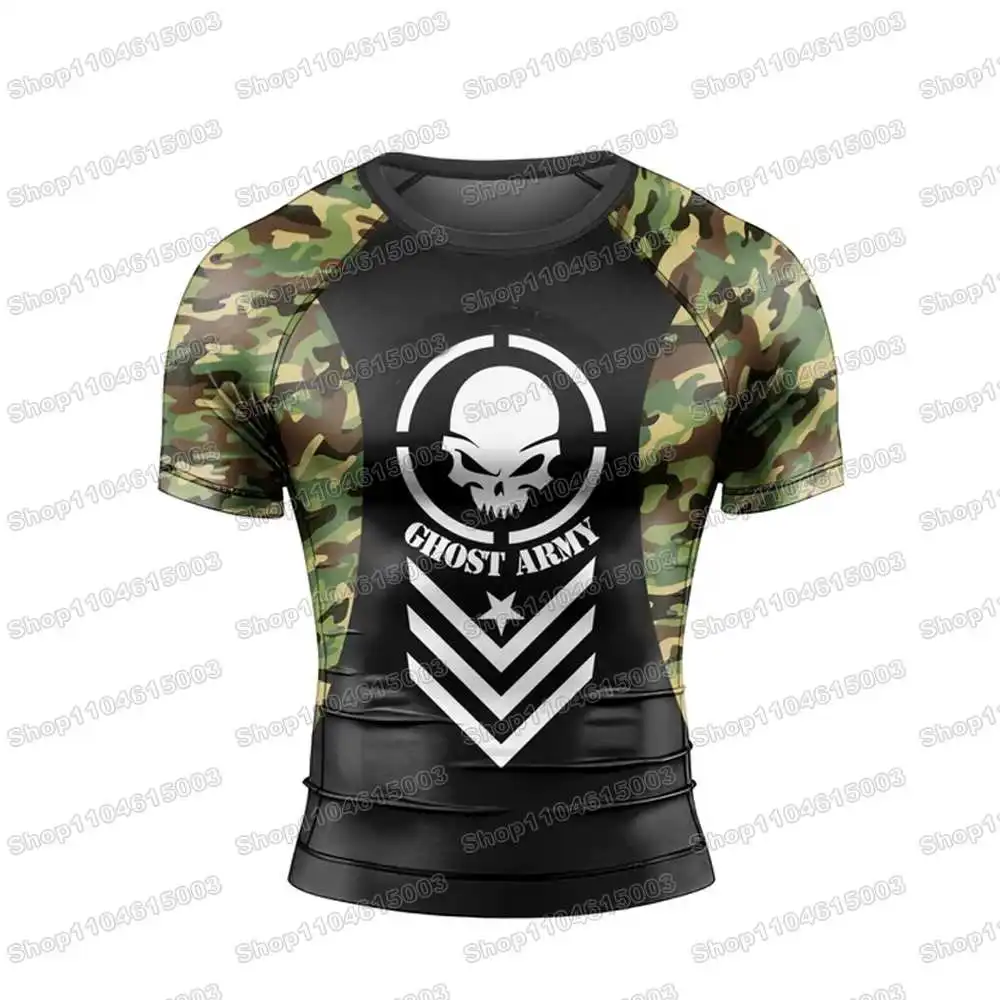 Ghost Army WWF Wrestling Rash Guards Surfing Jersey Beach Shirts Swimwear Diving Gym Shorts MMA BJJ Men Jiu Jitsu Fitness Sets