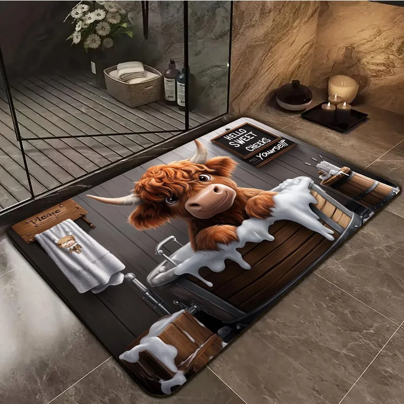שטיח חדר אמבטיה VIKAMA Cartoon Highland Cow, אנטי החלקה, עמיד בכתמים, סופגני, מהיר התייבשות כניסה לחדר האמבטיה עיצוב בית
