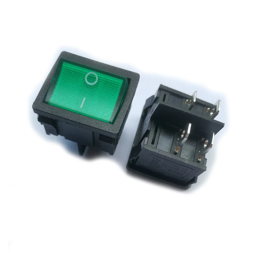 KCD2 더블 로커 스위치, 4P, 4 핀, 2 포지션 더블 래칭, 6A, 250V, 레드, 그린, 10PCs/로트