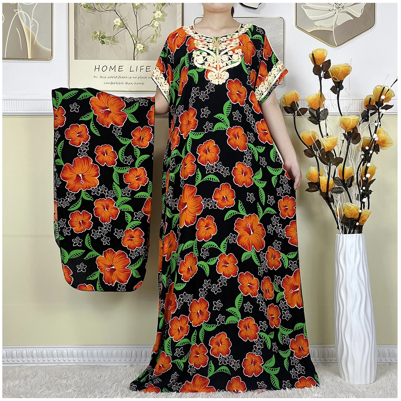 New Summer African Abayas For Women Dashiki Short Sleeves Dress Printed Cotton Floral Loose Robe Kaftan Women's Islam Clothing