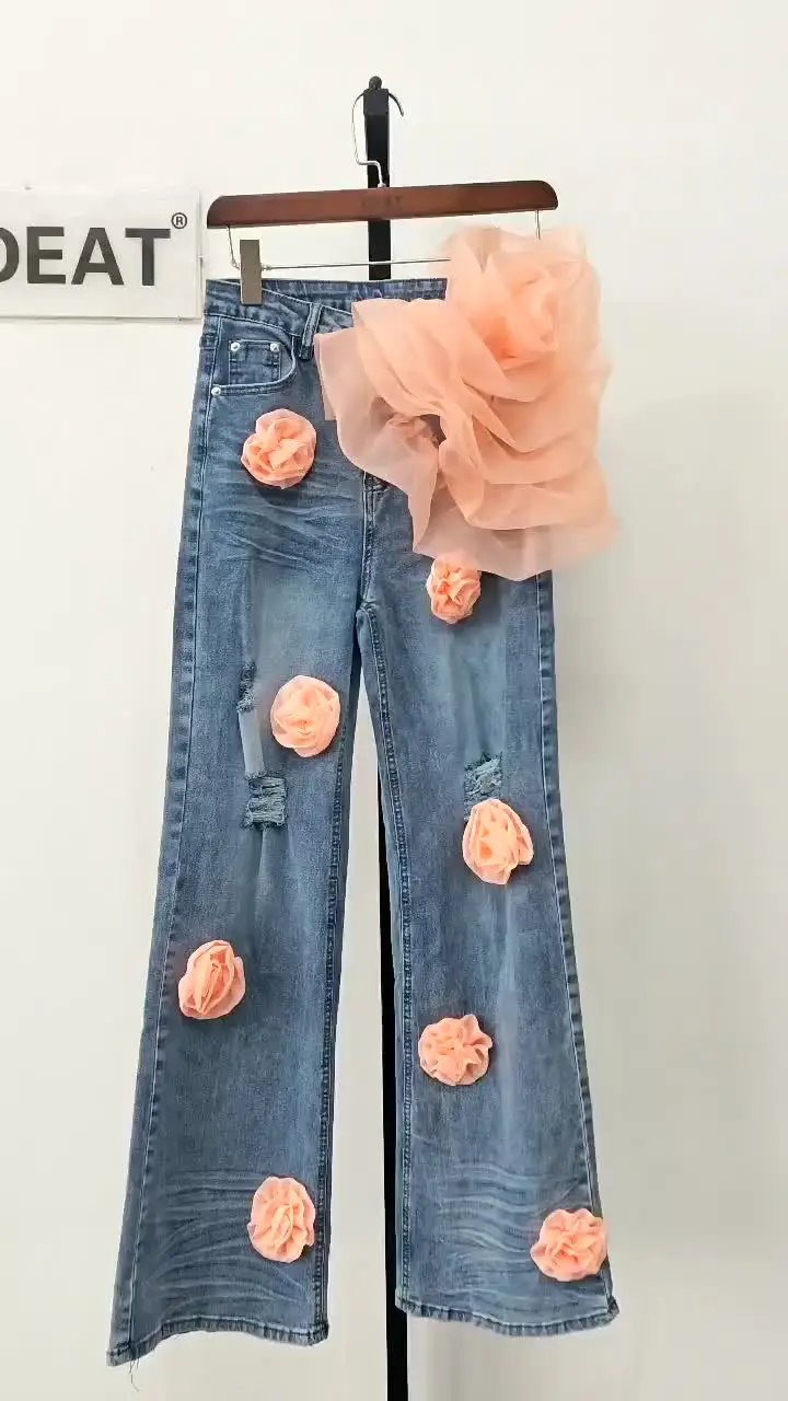 DEAT Women's Jeans High Waist 3d Multiple Flowers Broken