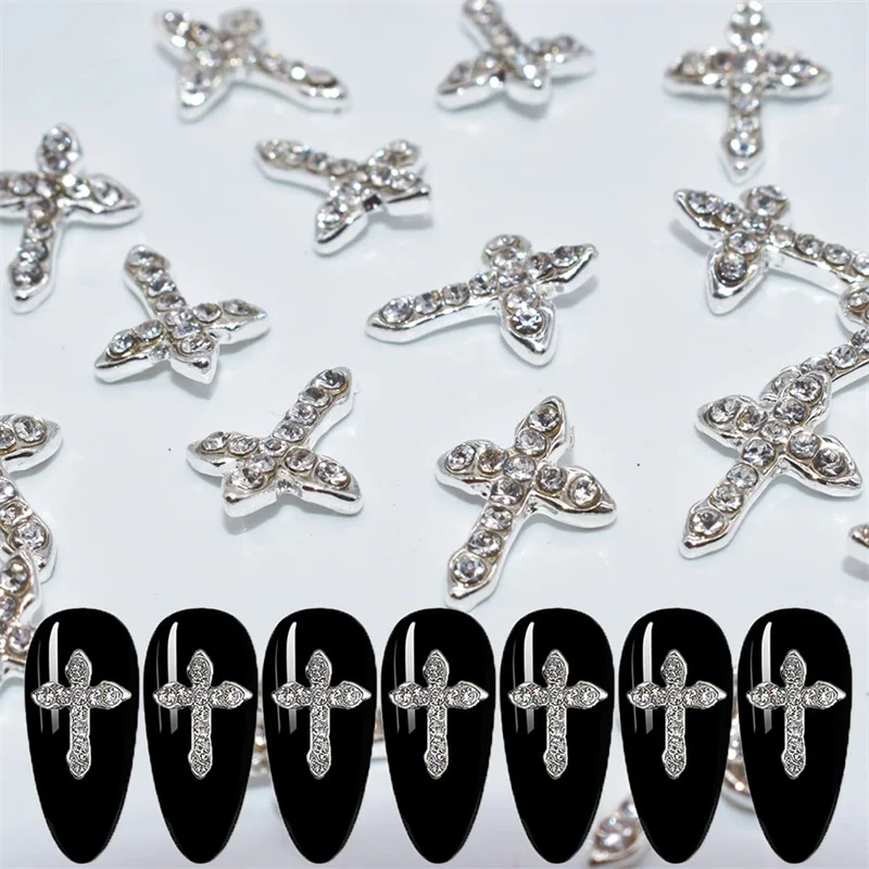 

10Pcs 3D New Nail Charms Alloy Cross Design Glitter Rhinestones Nail Art Decorations Luxury Nails Crystals Manicure Accessory