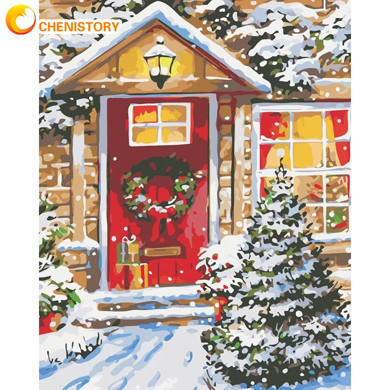 

Картина маслом по номерам для взрослых CHENISTORY, Рождественский пейзаж «сделай сам», подарок для дома и сада, ручная работа на холсте, набор для рисования