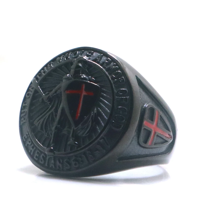 316L Stainless Steel Saint Paul Ephesians "Put On The Whole Armor Of God" Cross Knight Black Ring 3