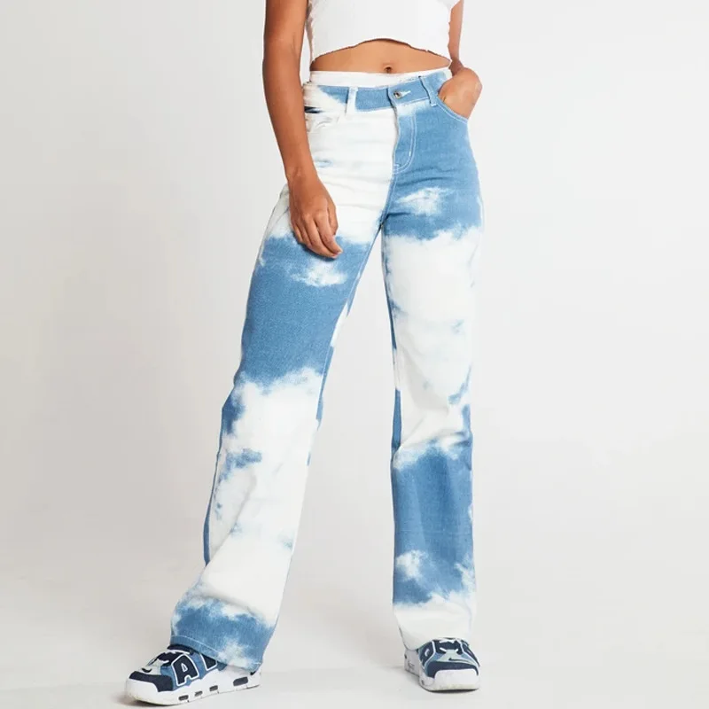 Women Casual Jeans Tie Dye Colored Slim Fashional Design High Waist Fit Female Straight Trousers High Quality