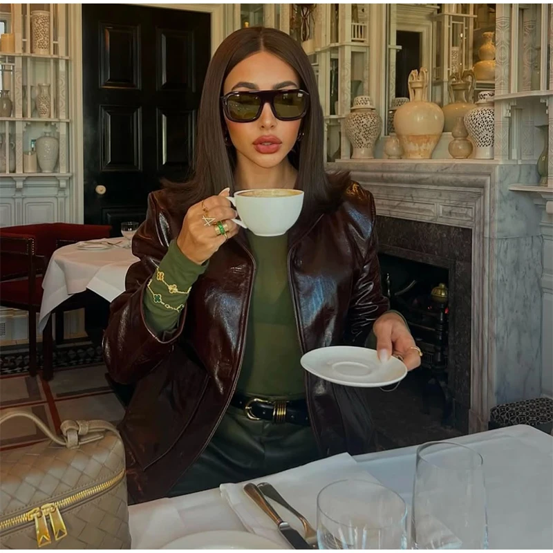 Vintage PU Leather Lapel Jackets Women Casual Loose Single Breasted Jackets Female 2025 Spring Chic High Street Outwear Tops