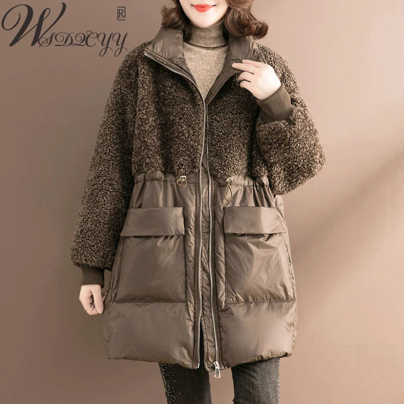 Women Cotton Down Winter Jacket Korean Fashion Lace Waist Lamb Wool Coat Oversized Loose Midi-Length Parkas Plus Size Outwear