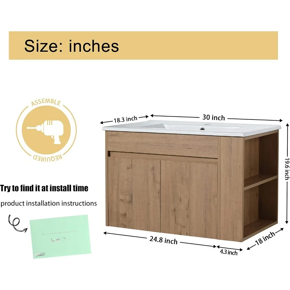Bathroom Dresser,30" Floating Bathroom Vanity With Sink, With 2 Doors And White Ceramic Basin Sink Top ,Floating dresser