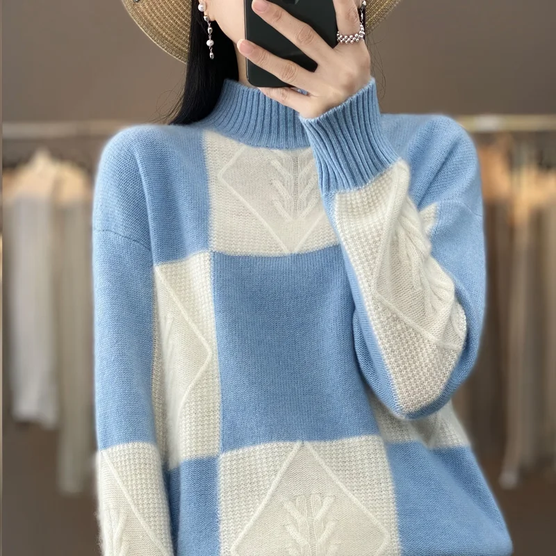 

Autumn and Winter Cashmere Sweater 100% Merino Wool Knitted Garment Women's Half High Collar Pullover Top Fashion Korean Large