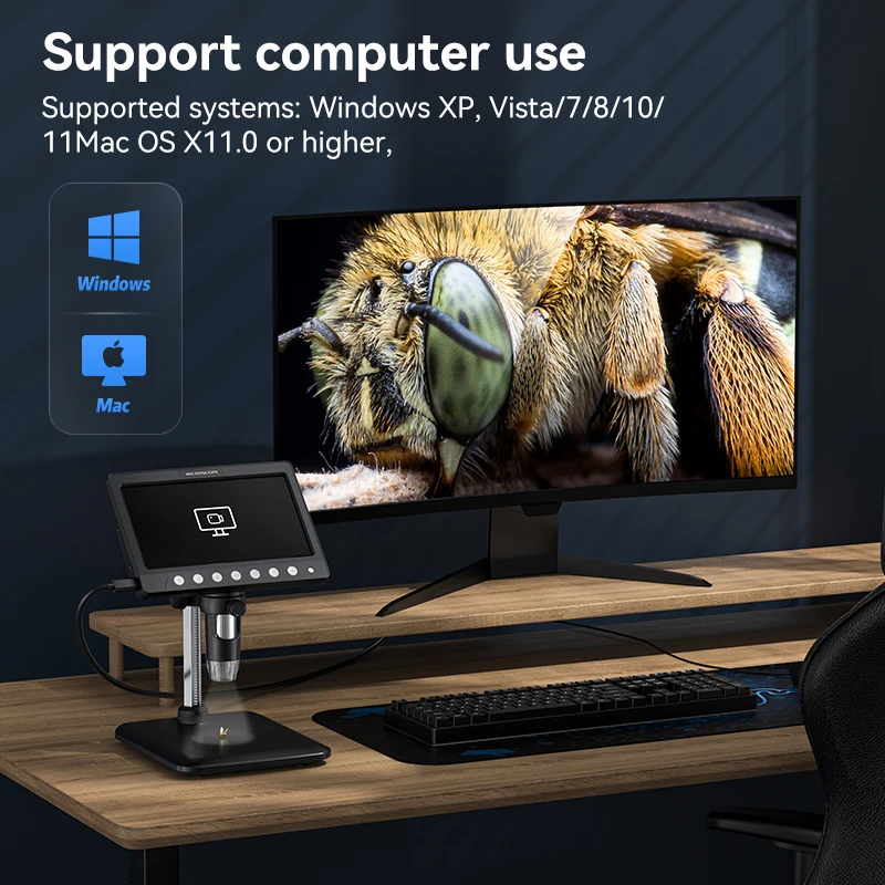 7인치 IPS 디지털 코인 현미경 5MP 50X-1200X 확대경(스탠드 포함) 전자제품 수리용 납땜 비디오 현미경 8 LED