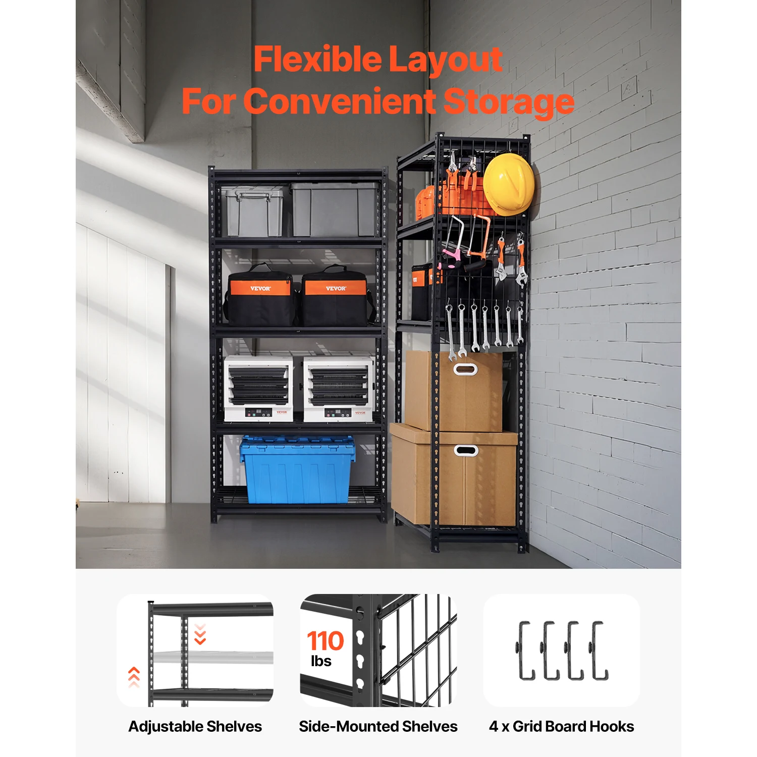VEVOR 5 Tier Metal Storage Shelves Height Adjustable Garage Shelving Racking Freestanding Shelf Unit for Industrial Warehouse