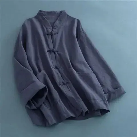 여성 용수철 민소매 가디건, 빈티지 중국 스타일, 단색 루즈핏, 코튼 리넨 숏 재킷, 선 다도 탑