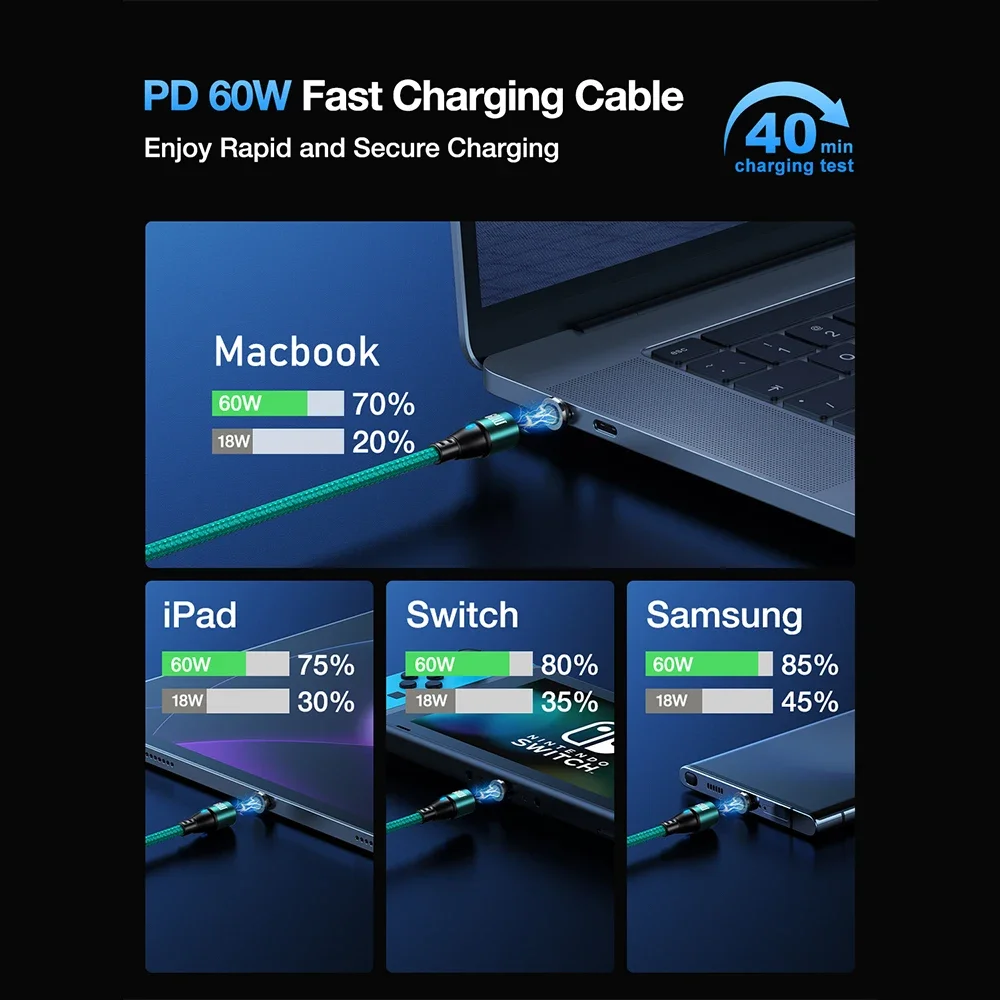 Magnetic Fast Charging USB-C Cable - 60W Power Delivery