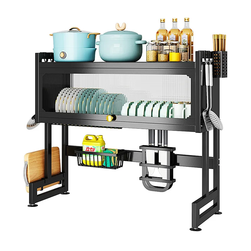 2 Tier Kitchen Dish Drying Over Sink Storage Rack with Door