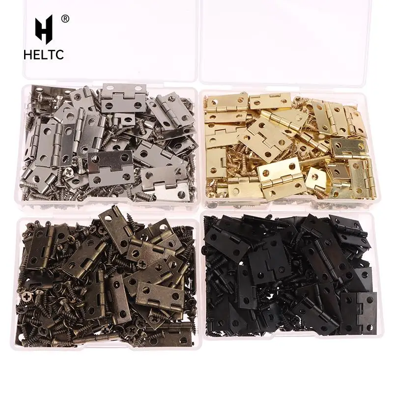 

50pcs/box Hinges + 200 Screws Iron Golden/Antique Bronze 4 Holes Durable Furniture Hardware 17.5x15mm Mini Rounded Hinge Decor