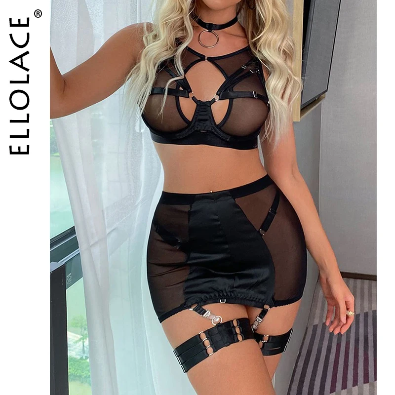 Ellolace-Lencería roja de 5 piezas para mujer, ropa interior elegante, sujetador transparente sin censura, ligas, conjuntos de bragas, trajes sexuales de vendaje