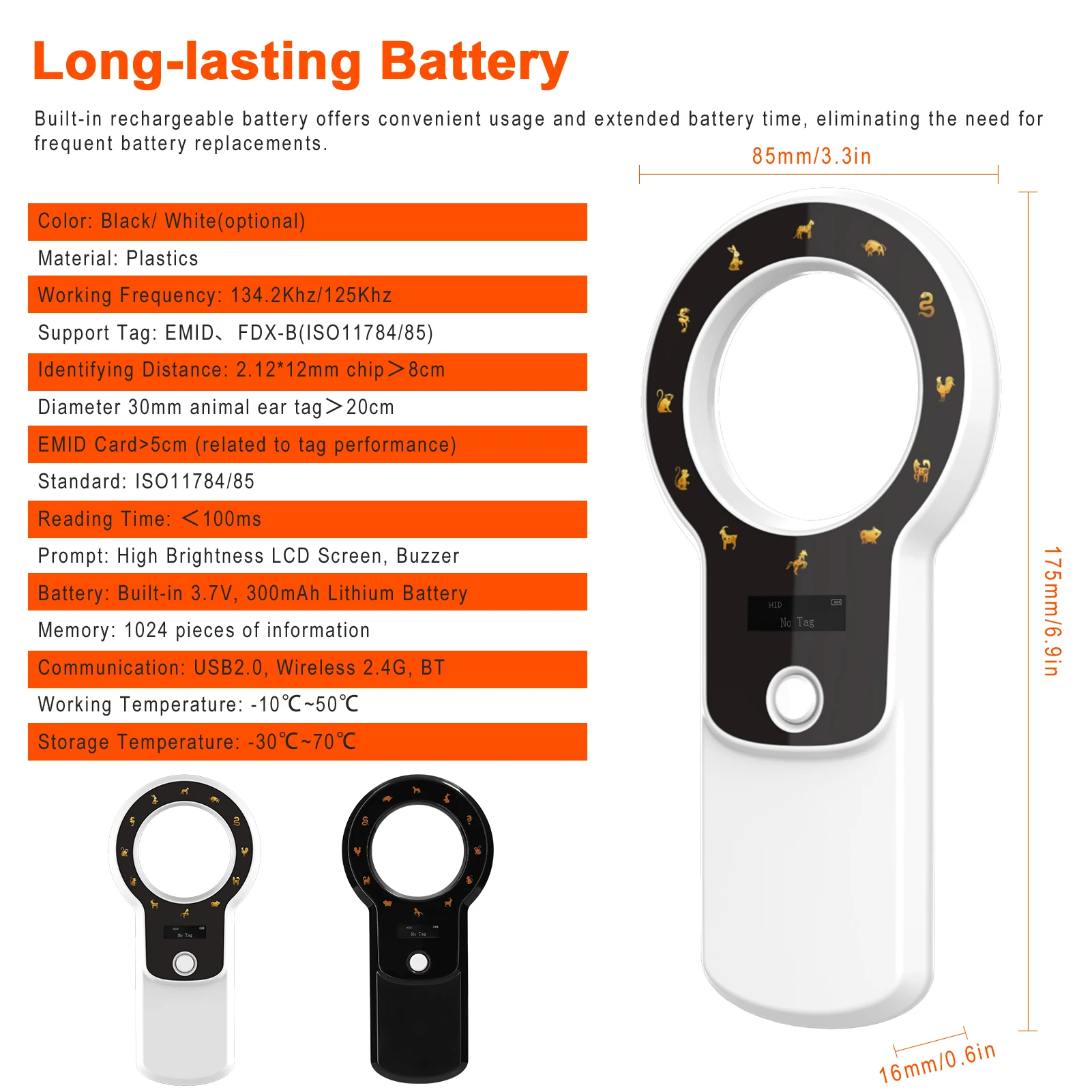 Pet Microchip Reader Scanner 2.4G/BT Wireless RFID Chip Scanner Rechargeable Animal Tags Support EMID FDX-B 1024 Data