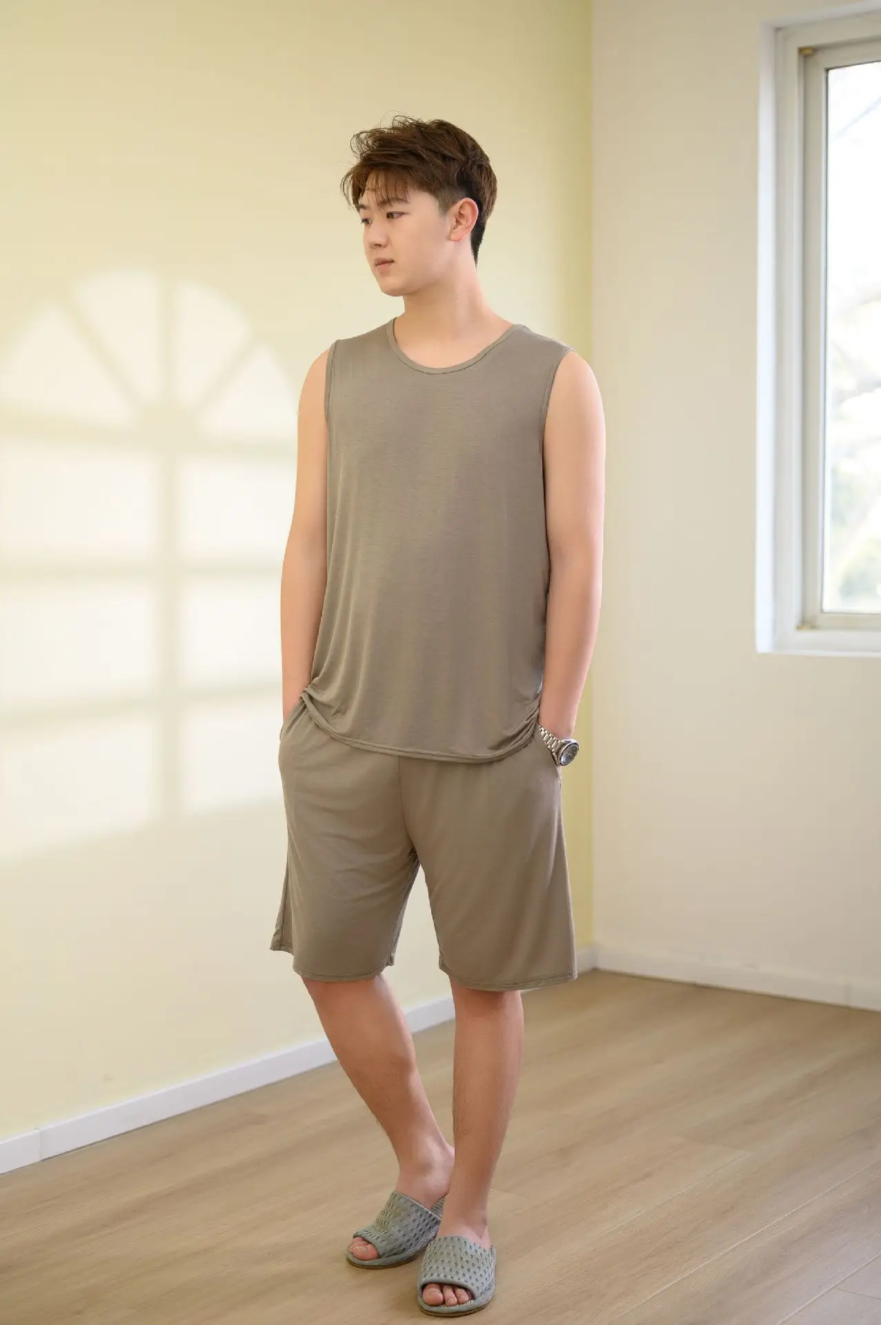Erwachsene männer Pyjamas Set Plus Größe Nachtwäsche Ärmelloses Top Hose Anzug Modal Komfort Hause Tragen Mann Nachtwäsche Pijama Männlich L-6XL – Detail 5