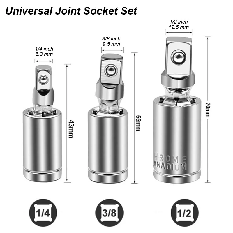 Univerzální kloub otočný nástrčkový adaptér čtverec u-joint pohon konvertor 1/4 3/8 1/2 hlava chrom vanad ocel auto spravit auto nářadí