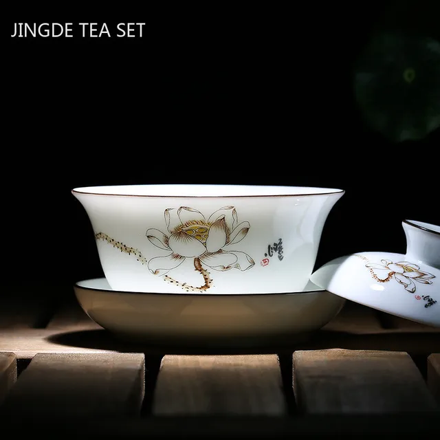 Kínai Kézzel Festett Tea Tál Kiváló Minőségű Fehér Porcelán Gaiwan Hordozható Kerámia -Szett Szertartás Kiegészítők 150 Ml