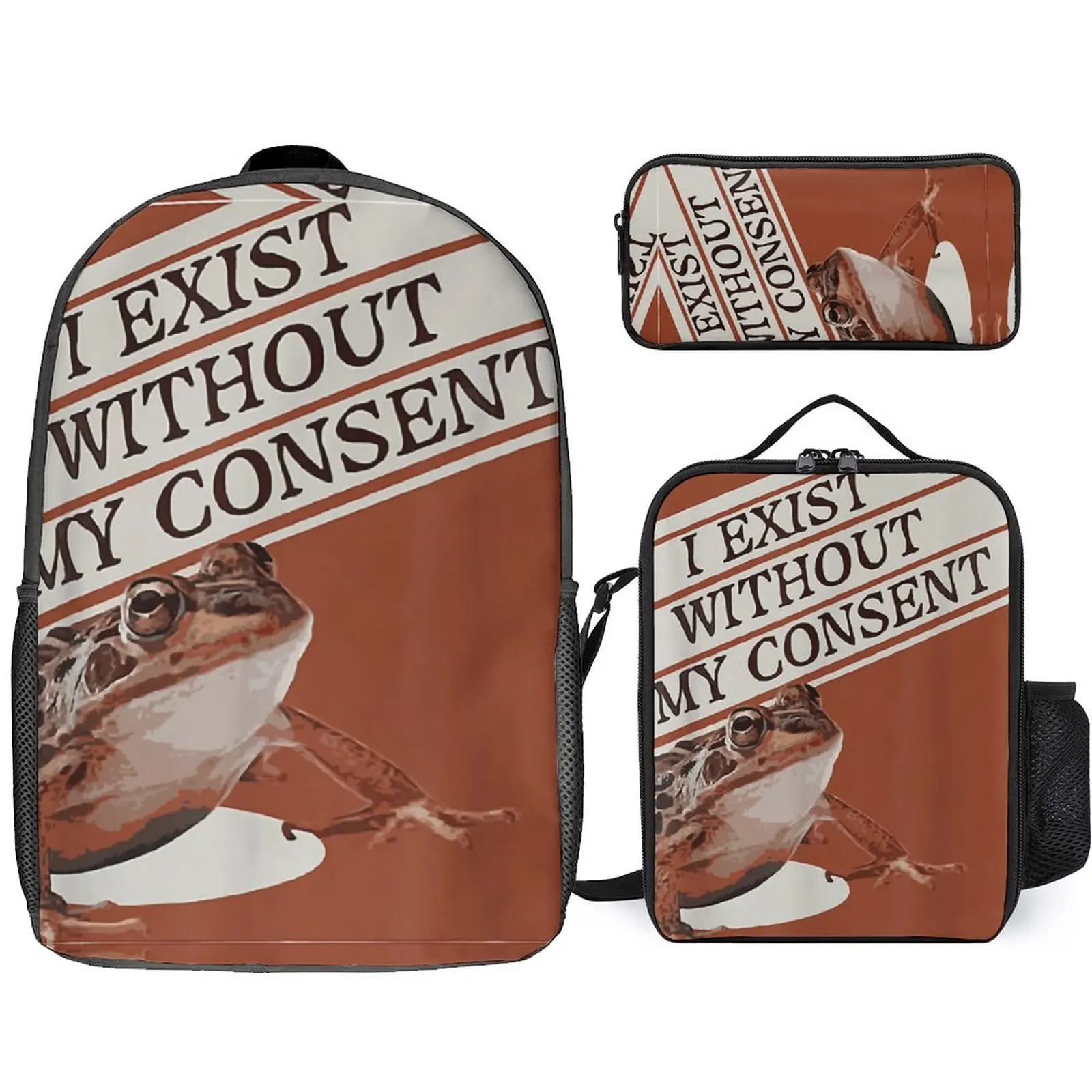 

3 in 1 Set 17 Inch Backpack Lunch Bag Pen Bag I Exist Without My Consent Frog 3 Secure Infantry Pack Cosy Sports Activities Fun