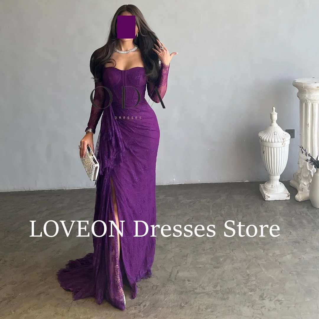 

GIOIO Sweetheart Evening Dresses Long Sleeves Formal Lace Ruched Purple Side Slit Vintage Pleats Elegant Prom Gowns Party Women