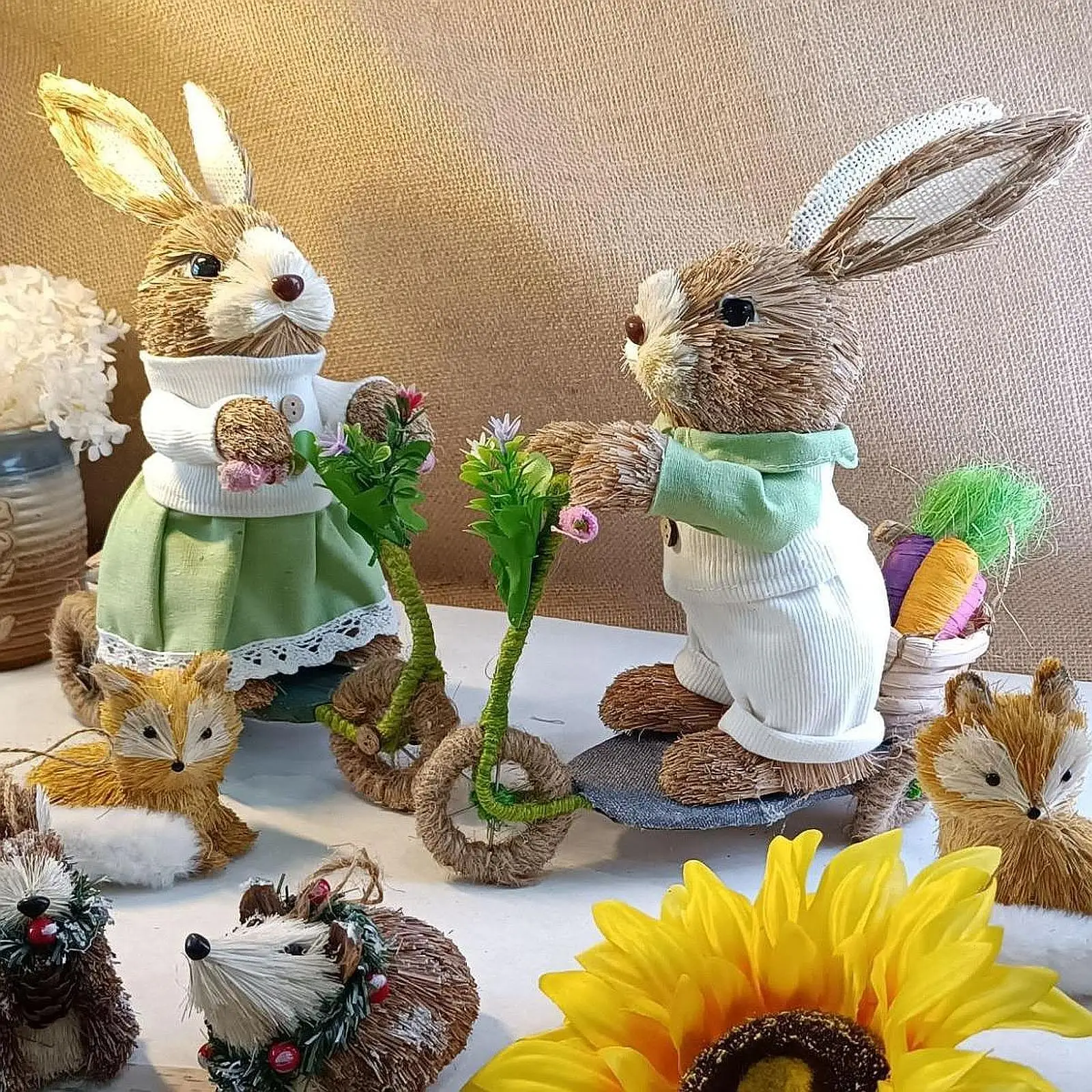 Easter Bunny Decoration Ornament Straw Rabbit Decor for Garden Table Office