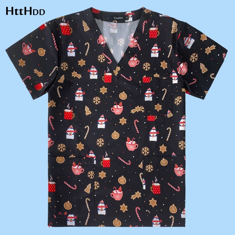 Beautician Workwear Unisex Cartoon Print Breathable Scrub Tops Lab Uniform Shirt