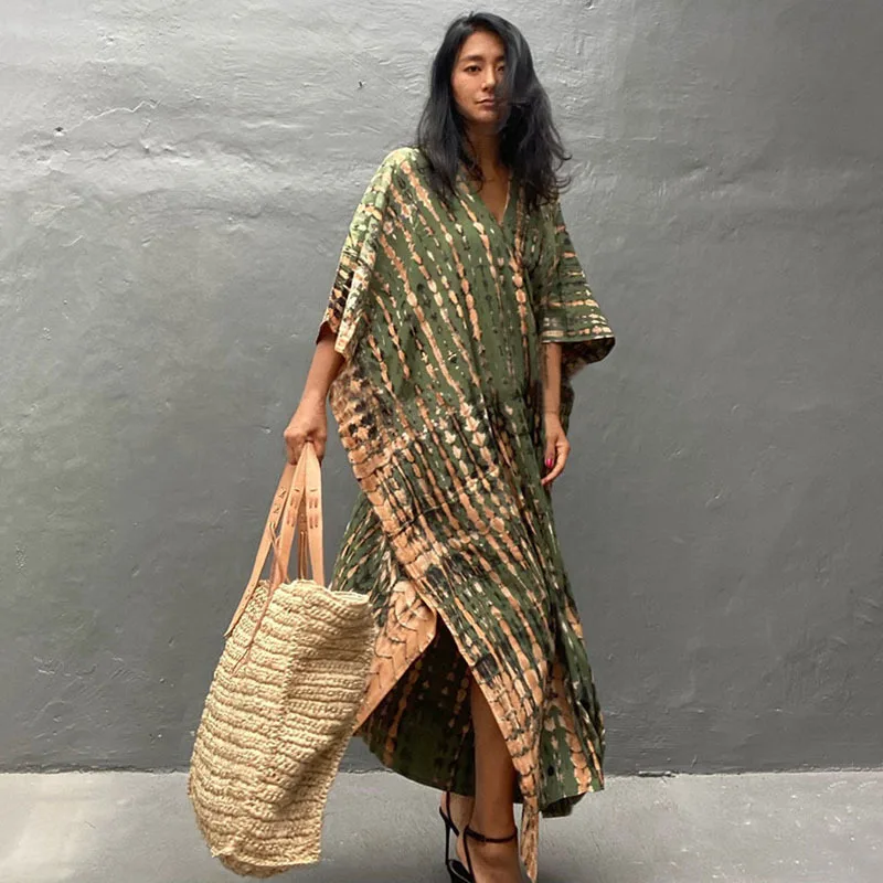 Fashion Casual Striped Print Long Dresses Women Bohemian V-neck Bat Sleeve Loose Slit Beach Dress Summer New Beachwear Vestidos 71 Fashion Casual Striped Print Long Dresses Women Bohemian V-neck Bat Sleeve Loose Slit Beach Dress Summer New Beachwear Vestidos