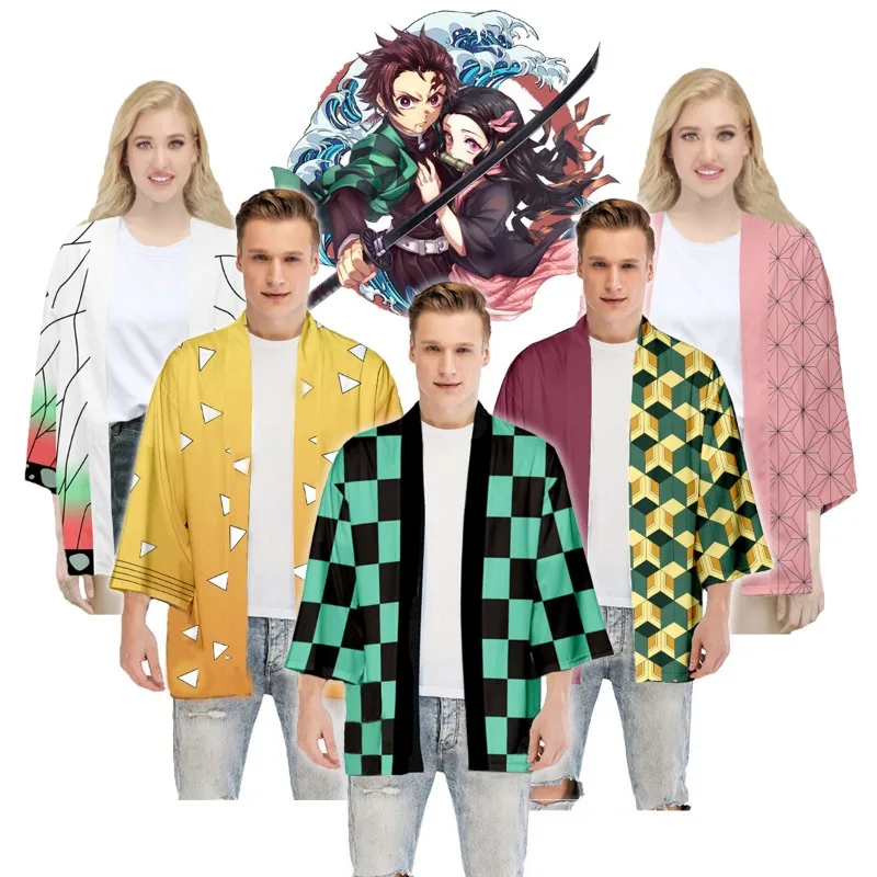 

Anime Demon Slayer Cosplay Costume Kimetsu No Yaiba Haori Kimono Agatsuma Zenitsu Kochou Shinobu Summer Coat Shirt Anime Clothes