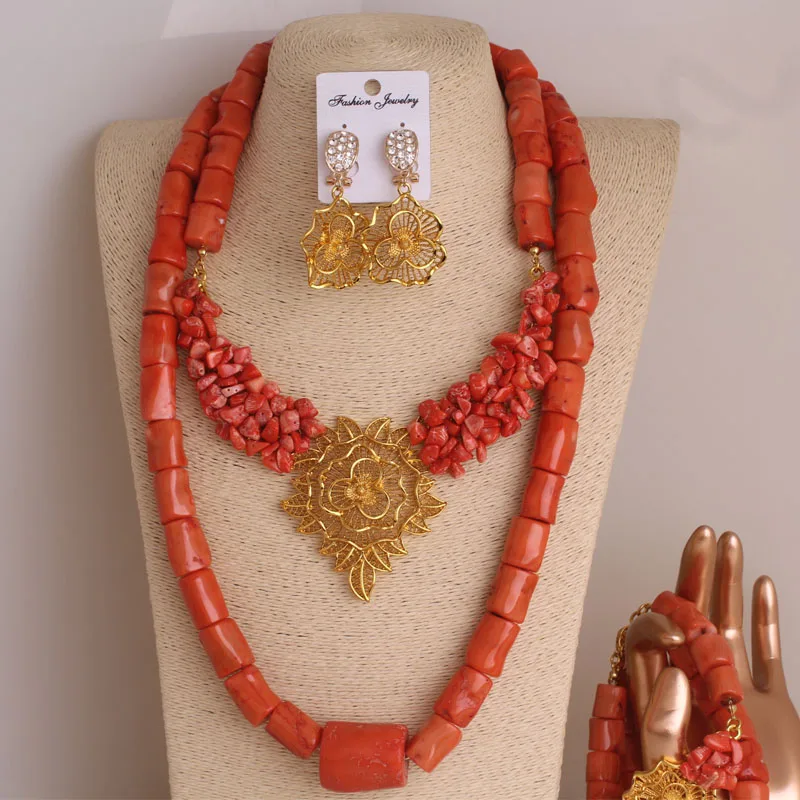 

4ujewelry Two Layers Coral Beads Jewelry Set For Women Include Earrings Bracelet Necklace