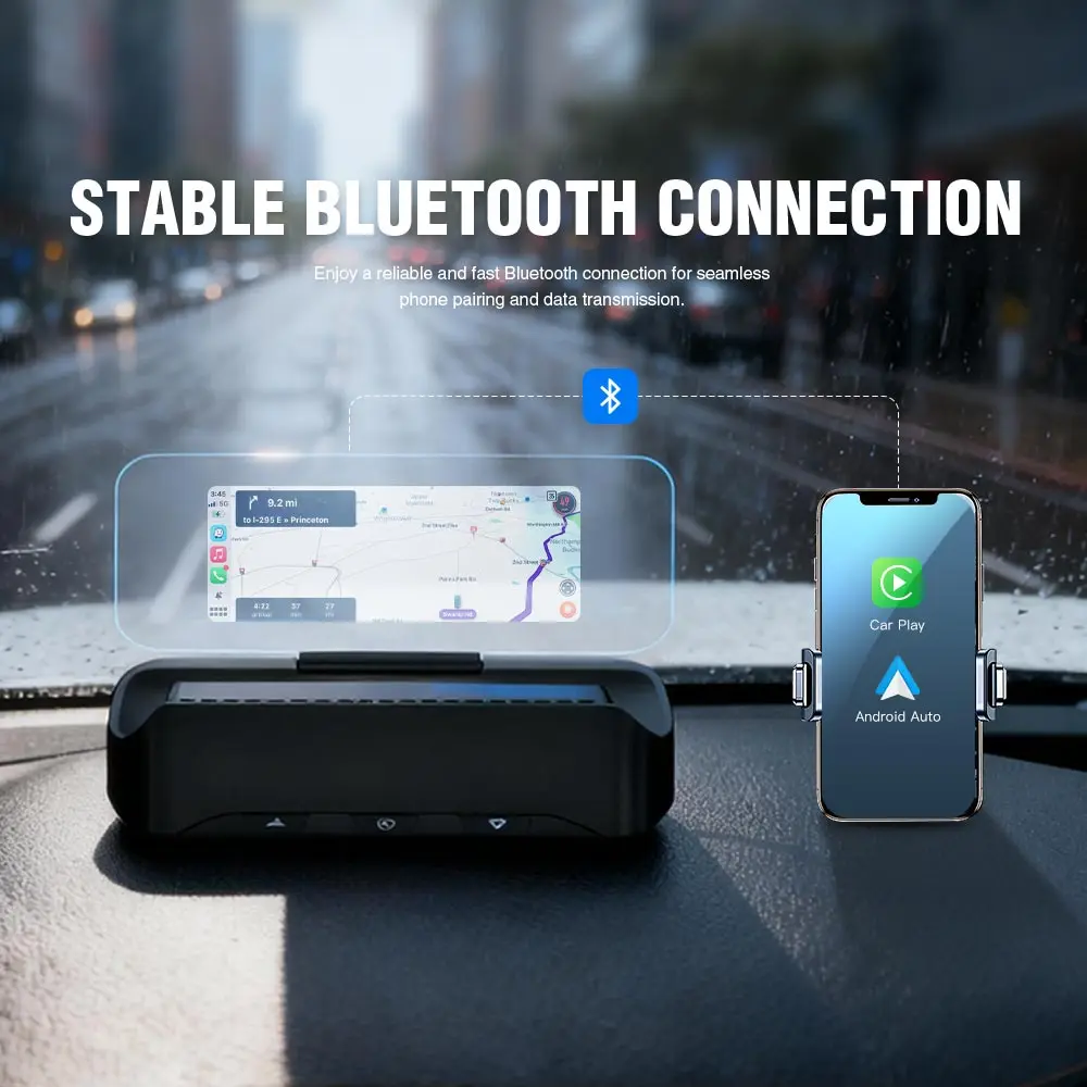 Proyector GPS para Auto con Pantalla Head-Up, Velocímetro con CarPlay Inalámbrico, Android Auto, Diagnóstico, Advertencias y Conexión 2