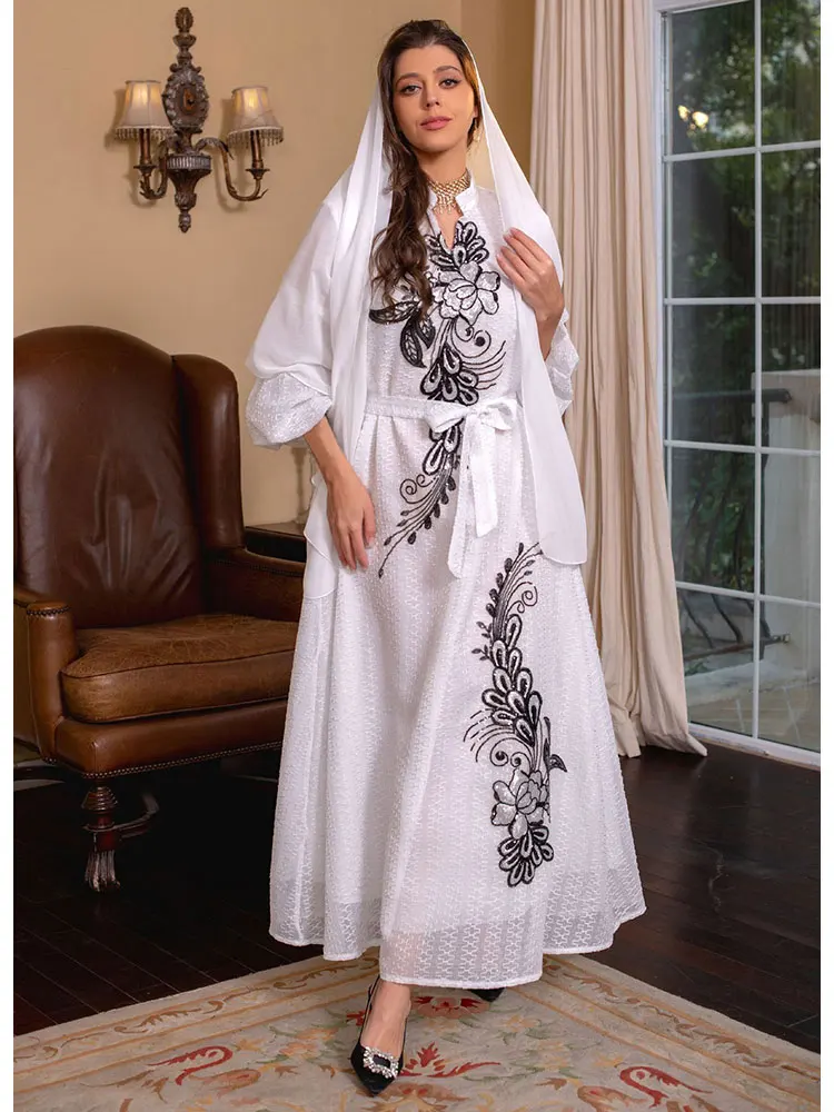 Embroidery Abaya Evening Dress for Women Sequins Belted White Moroccan Kaftan Bridal Gowns Gulf Jalabiya Muslim