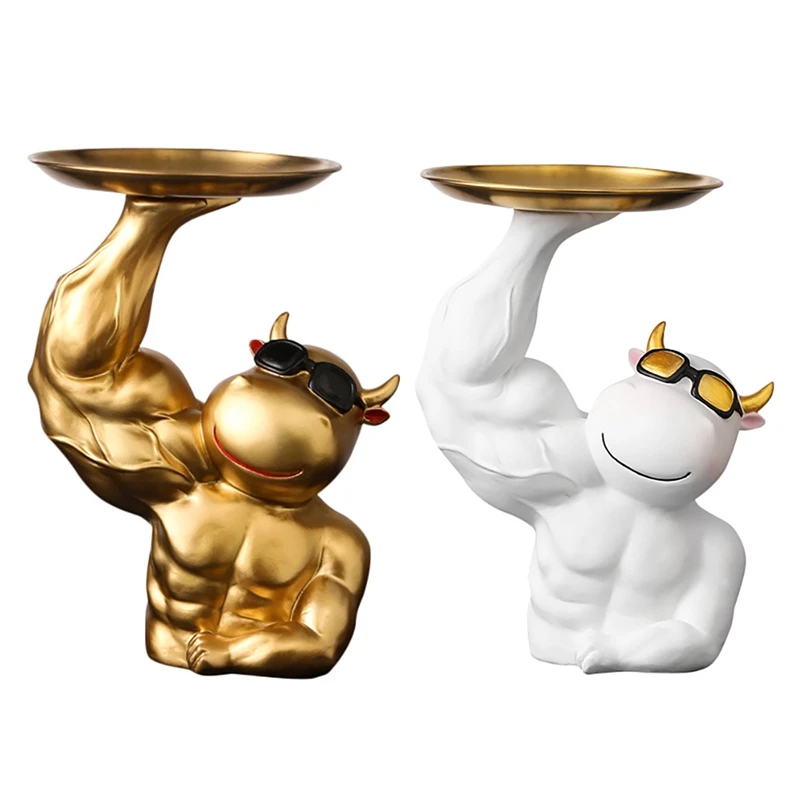 

Abstract Muscle Cow Figurine With Tray Desk Storage Statue Cabinet Ornaments Sculpture Home Room Decoration Gifts Promotion
