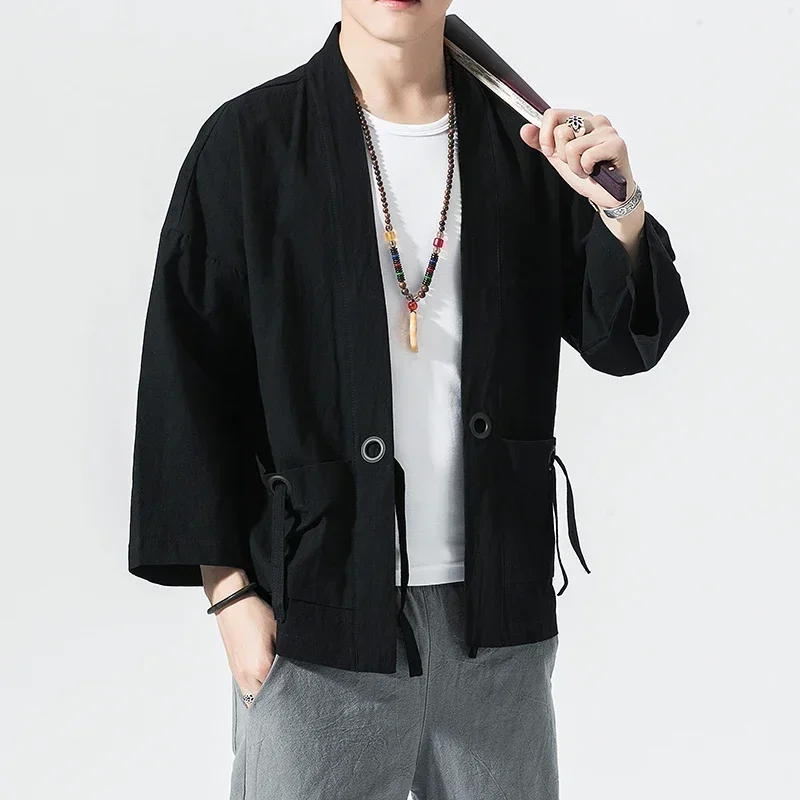 Japanese Kimono Japanese Kimono Cardigan Japanese Kimono Shirt Cotton Linen Men Kimono Cardigan Japanese Obi Male Yukata Haori Thin Causal Samurai Clothing Traditional Streetwear Jacket