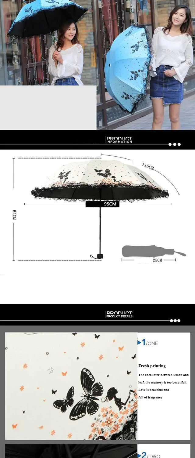 Description Picture 3 of itemButterfly Lace Printed Sunshade Umbrella For Both Rain And Sunshine, Triple Fold Wind Resistant Sunshade Umbrella