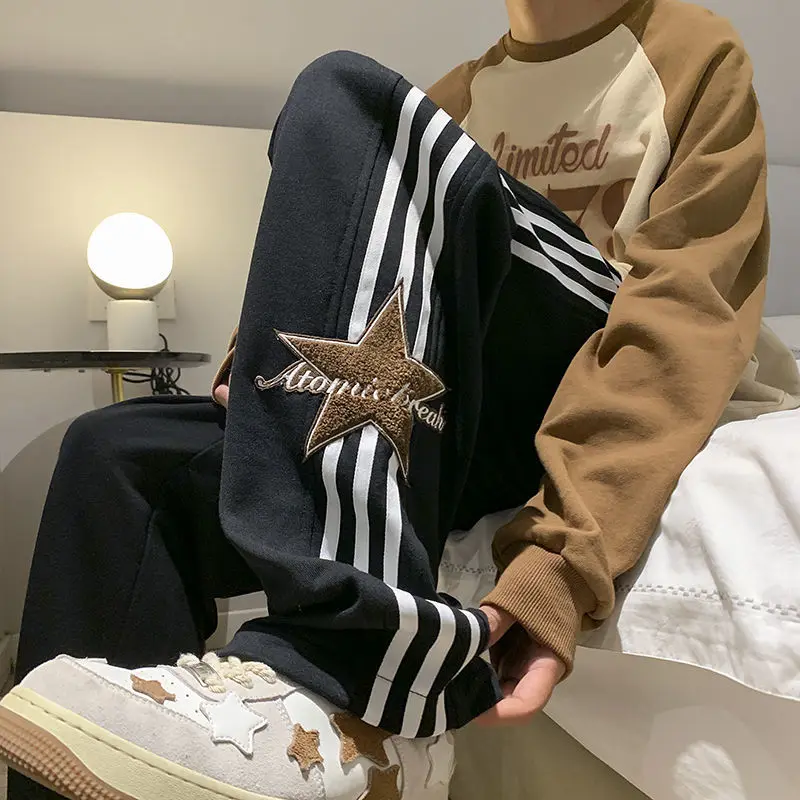 Youth Korean Trendy Loose Straight Casual Pants Patchwork Elastic Waist Pockets Stripe Contrast Sports Loose Wide Leg Trousers
