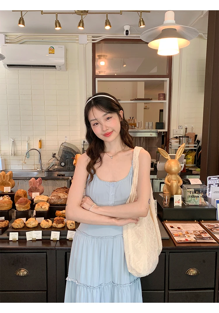 French Elegant Dresses for Women Solid Spaghetti Strap Summer New Ruffles A-line Casual Korean Chic Midi Vestidos Mujer