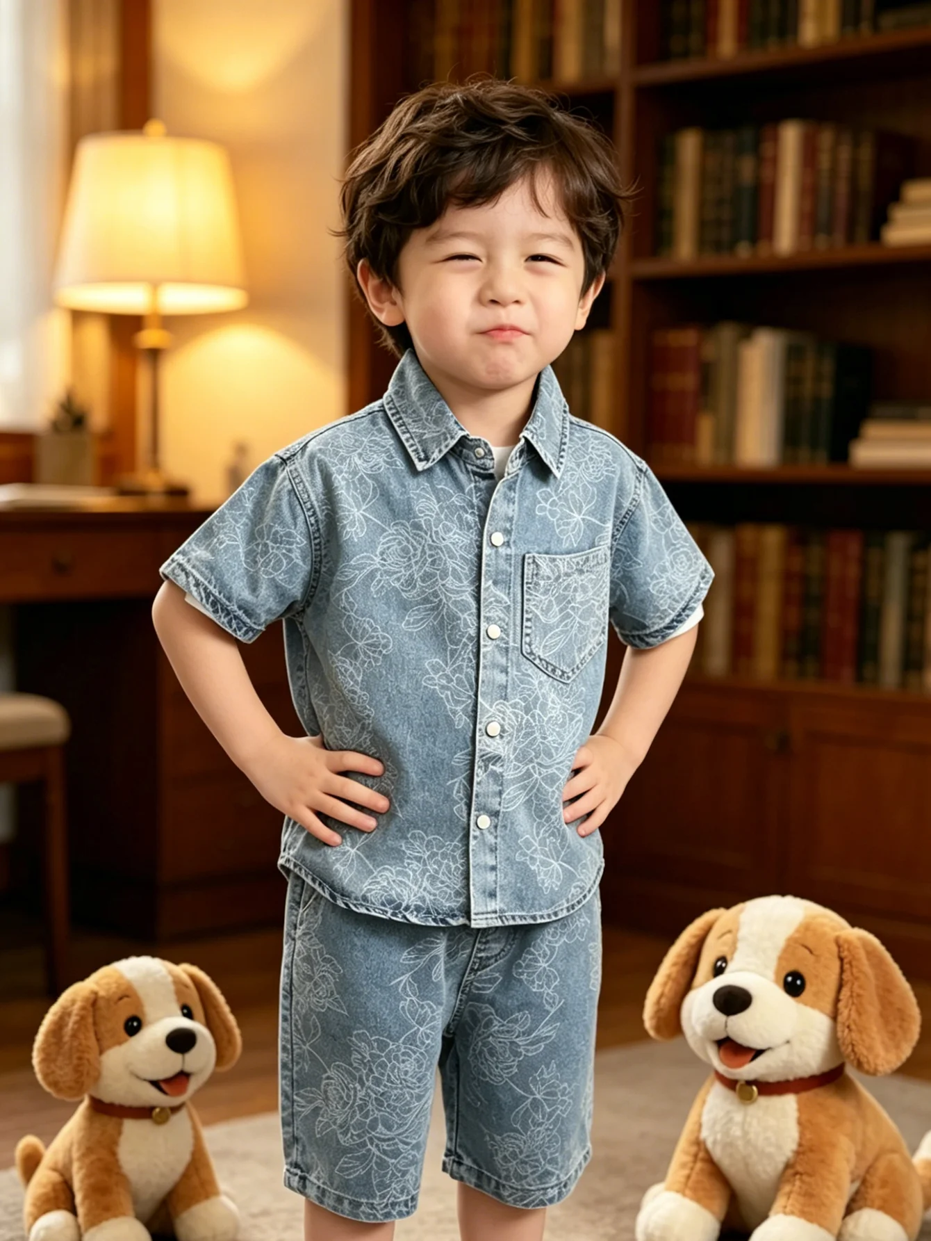 Toddler Boy Denim Co-ord Set, Floral Embossed Short Sleeve Shirt & Matching Shorts, Light Wash Summer Casual Wear For Kids 3