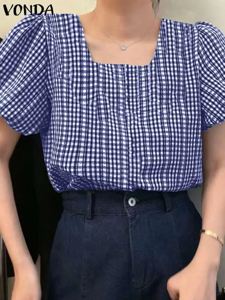 

VONDA Women Elegant Blouse Summer Short Sleeve Plaid Tops 2024 Fashion Casual Square Neck Shirts Loose Bohemian Blusas Femininas