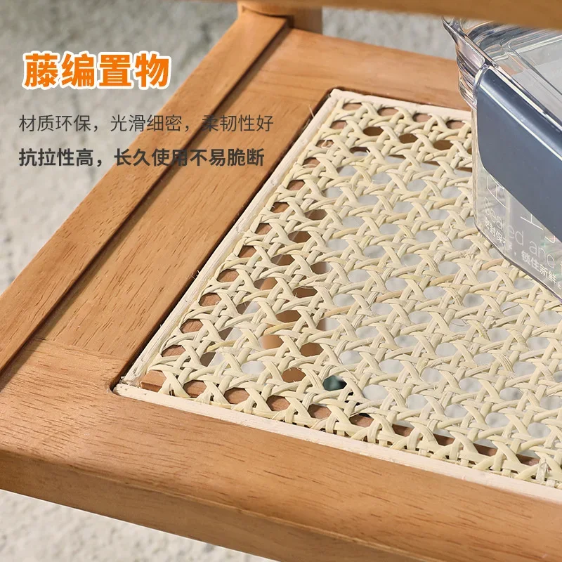 Solid Wood Removable Sofa Coffee Table Double Layer Rattan Woven Living Room Low Table Walnut Wheel Tea Cart