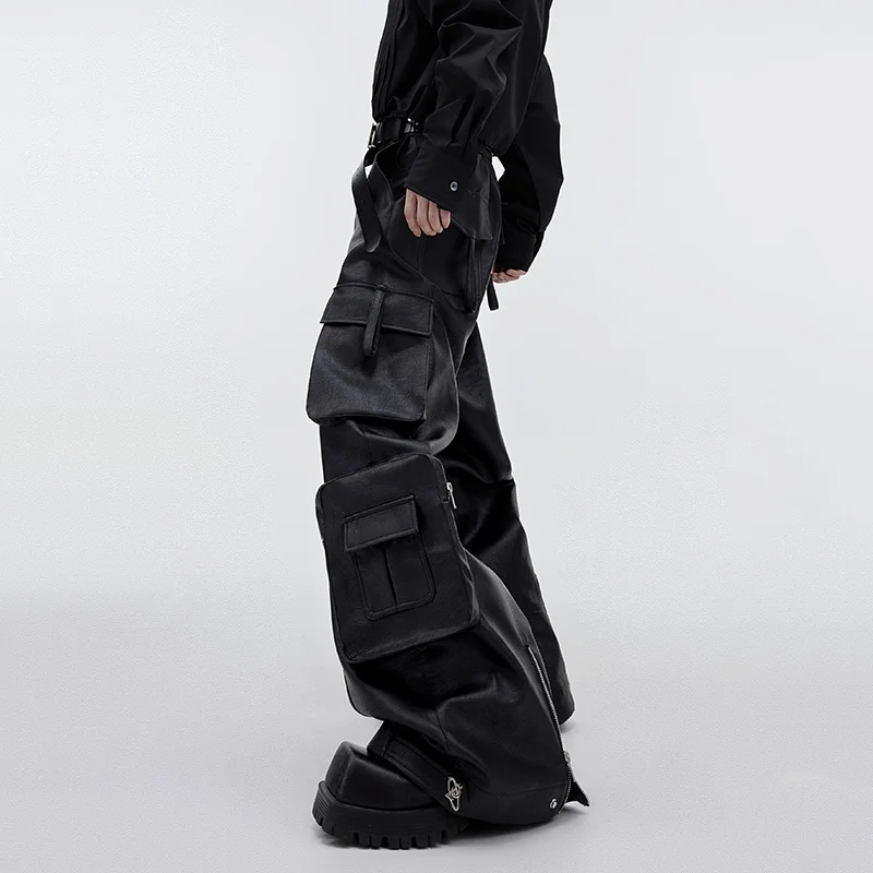 FEWQ Niche PU Leather Pants Wide Leg Streetwear Trend Men's Clothing Large Pockets Baggy Overalls Personality Trousers 9C1943