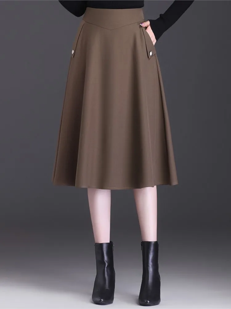 

High Quality Solid Suit Skirt For Women Spring Autumn Elastic High Waist Mid-Length Pocket Simple Office Lady Skirt