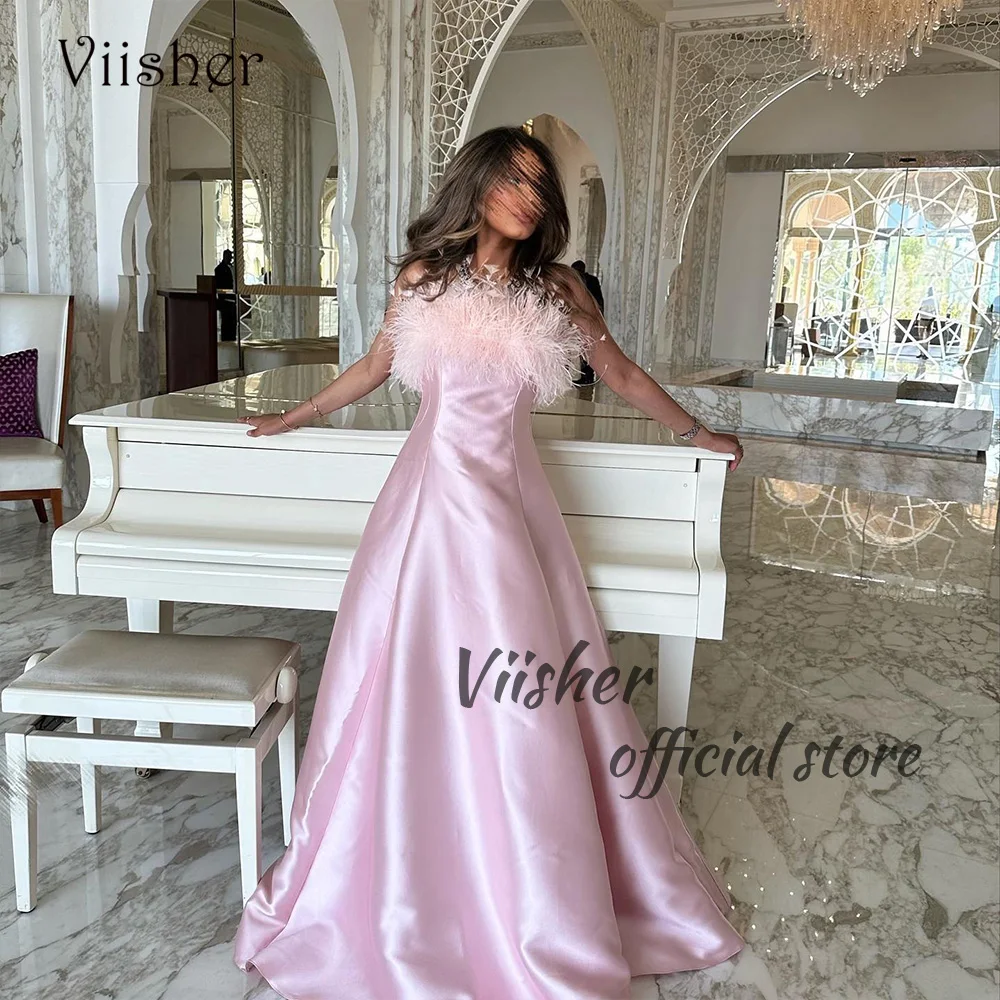 

Viisher Baby Pink Satin A Line Prom Dresses with Feather Strapless Long Arabic Evening Party Dress with Train Long Formal Gowns