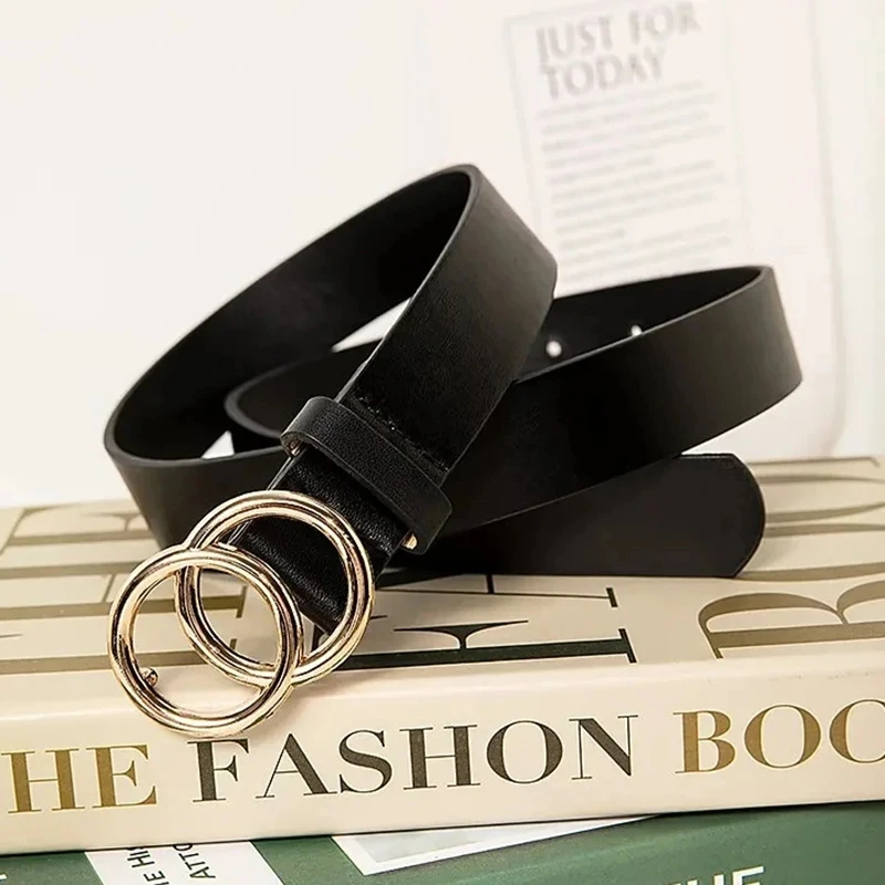 Women's Belt Trend Double Round Buckle Belt Simple And Versatile Youth Belt Pu Leather Belt Paired With Jeans Skirt Women Belts