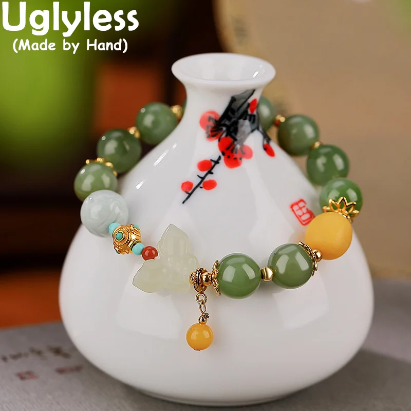 

Uglyless Stretch Natural Multi Gemstones Jewelry Women Jade Jadeite Jasper Amber Bracelets Beeswax 925 Sterling Silver Jewelry