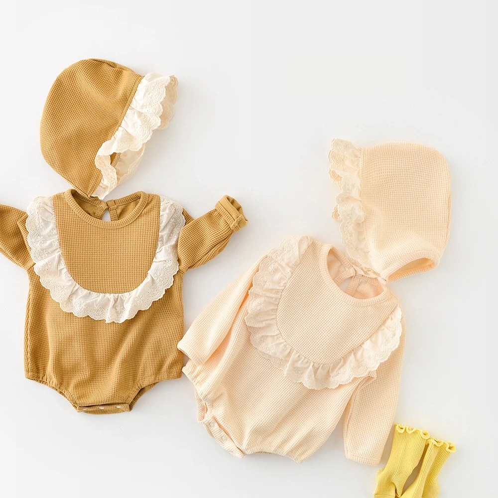 

Baby Spring Autumn Clothing Infant Newborn Baby Girls Lace Bodysuit Cotton Clothes Outfit With Hat Waffle Jumpsuit Playsuit