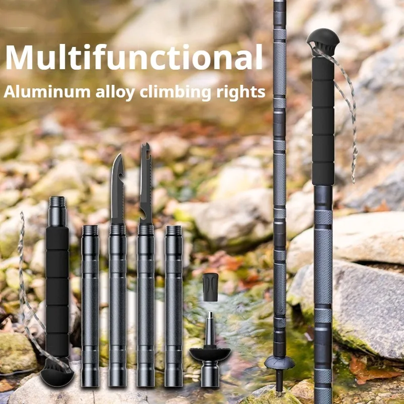 Hiking Stick Aluminum Alloy Foldable Extendable Self-defense Multifunctional Camping Outdoor Tools